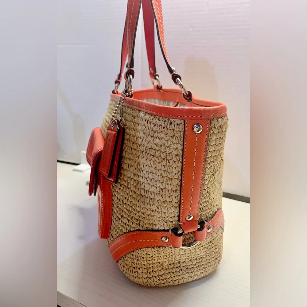 Coach Legacy Resort Summer Collection Raffia/Coral Leather Tote & Clutch